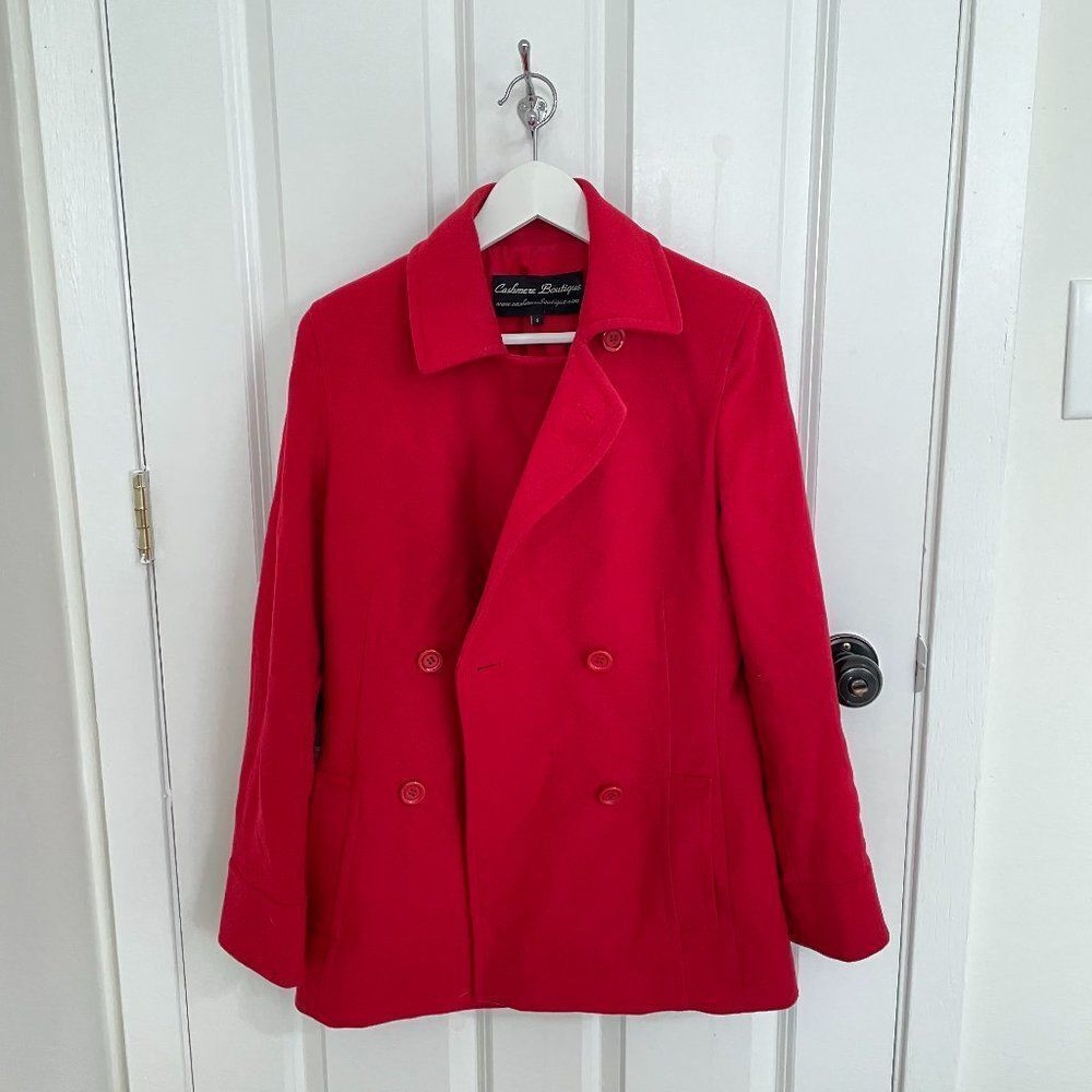 Women Cashmere Boutique Cashmere Wool Blend Pea Coat Mid Length Red Size 4